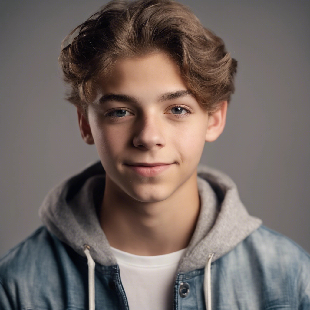 a portrait shot of a teenager posing for a yearbook photo in a studio.